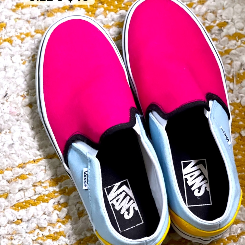 Color block slip on vans.
